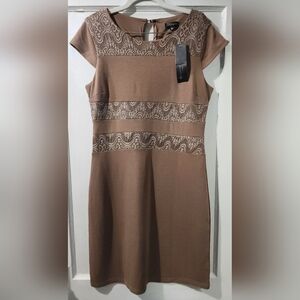 Elegant Tan Lace Detail Mini Dress